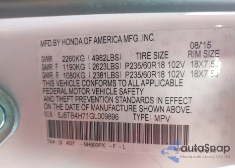 2016 Acura Rdx Advance Package z USA, uszkodzony, nr VIN 5J8TB4H71GL009896